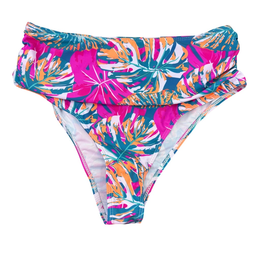 Women's‎ Tropical Monstera Leaf High Waisted Bikini Bottoms Sz L Beachy Cruise